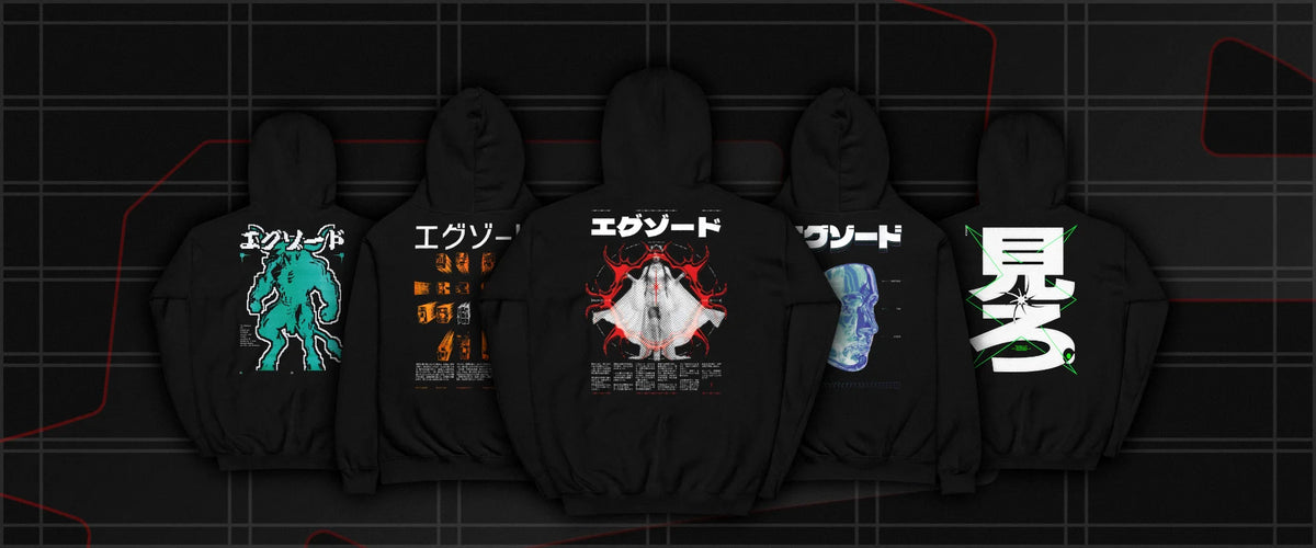 Cinq hoodies EXODE vus de dos sur fond noir : TAURUS, CORPORATE, REQUIEM, FACE et BETTER