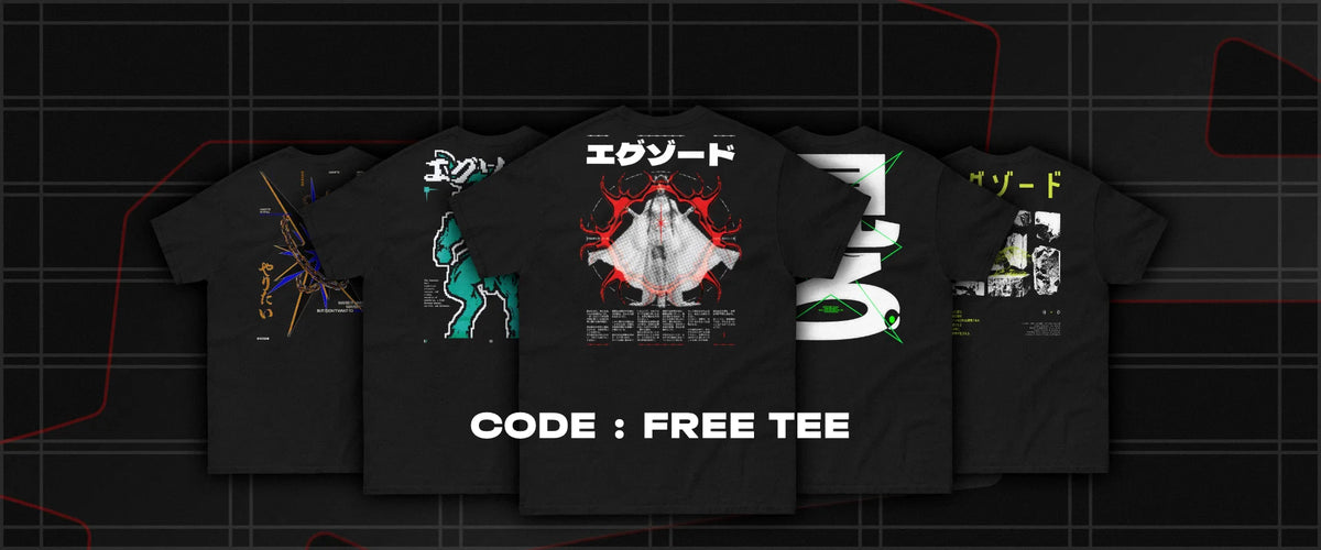 Cinq t-shirts EXODE vus de dos sur fond noir : EVERYWHERE, TAURUS, REQUIEM, BETTER et CONCRETE. Code promo FREE TEE