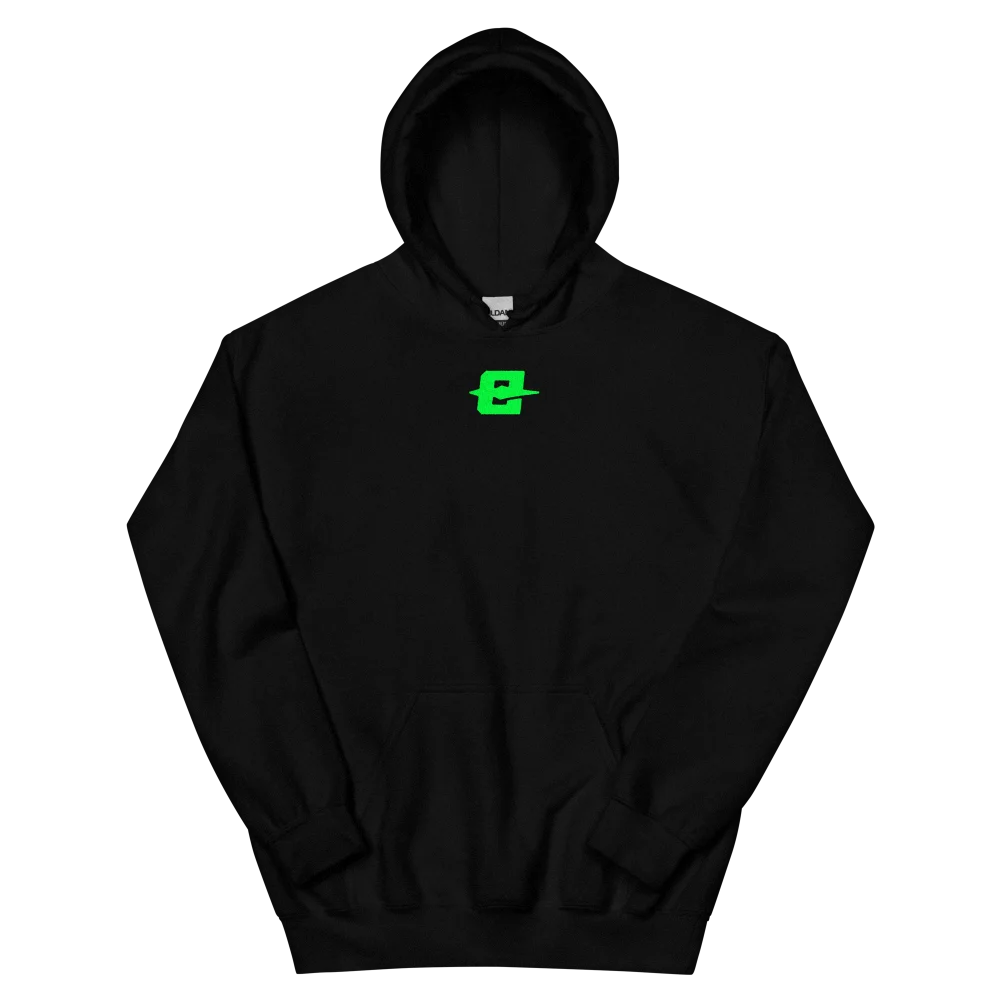 Hoodie EXODE BETTER noir, face à plat : petit logo EXODE vert