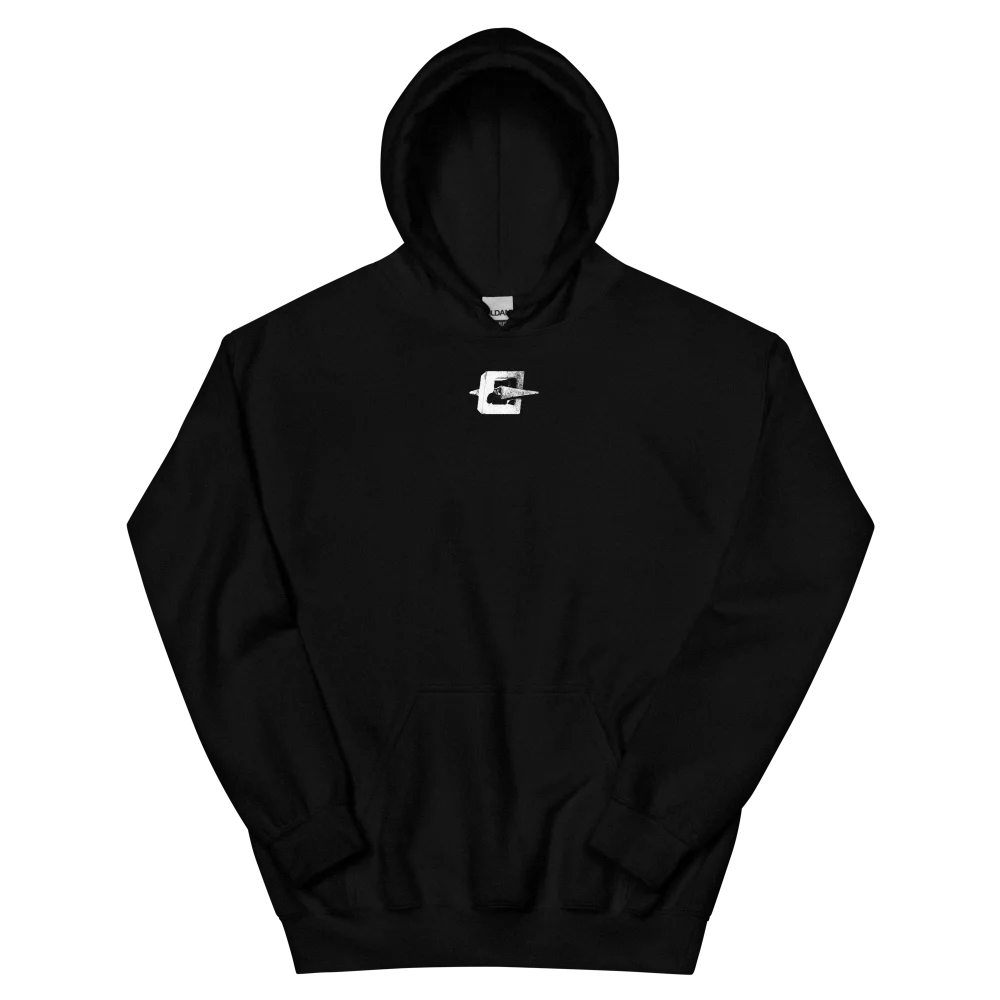 Hoodie EXODE CONCRETE noir, face à plat : petit logo EXODE blanc