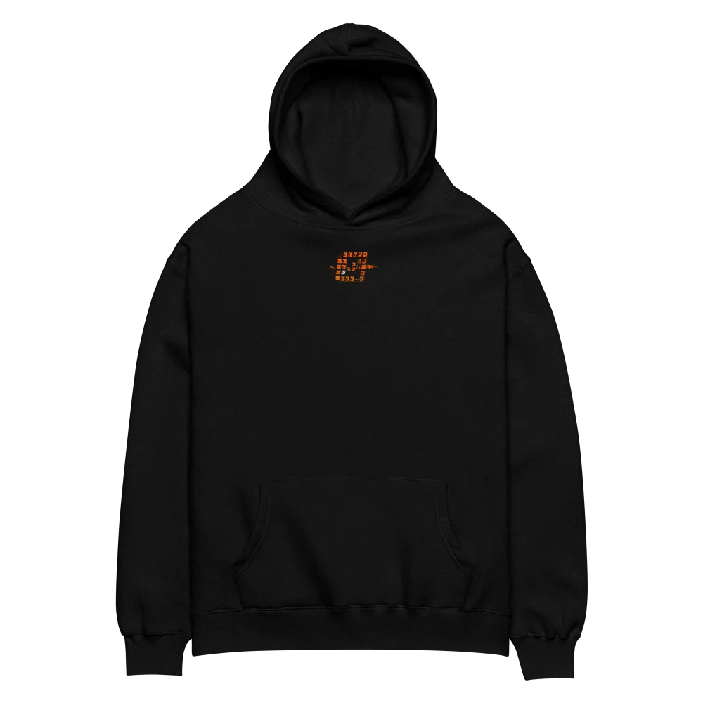 Hoodie oversize EXODE CORPORATE noir, face à plat : petit logo EXODE orange