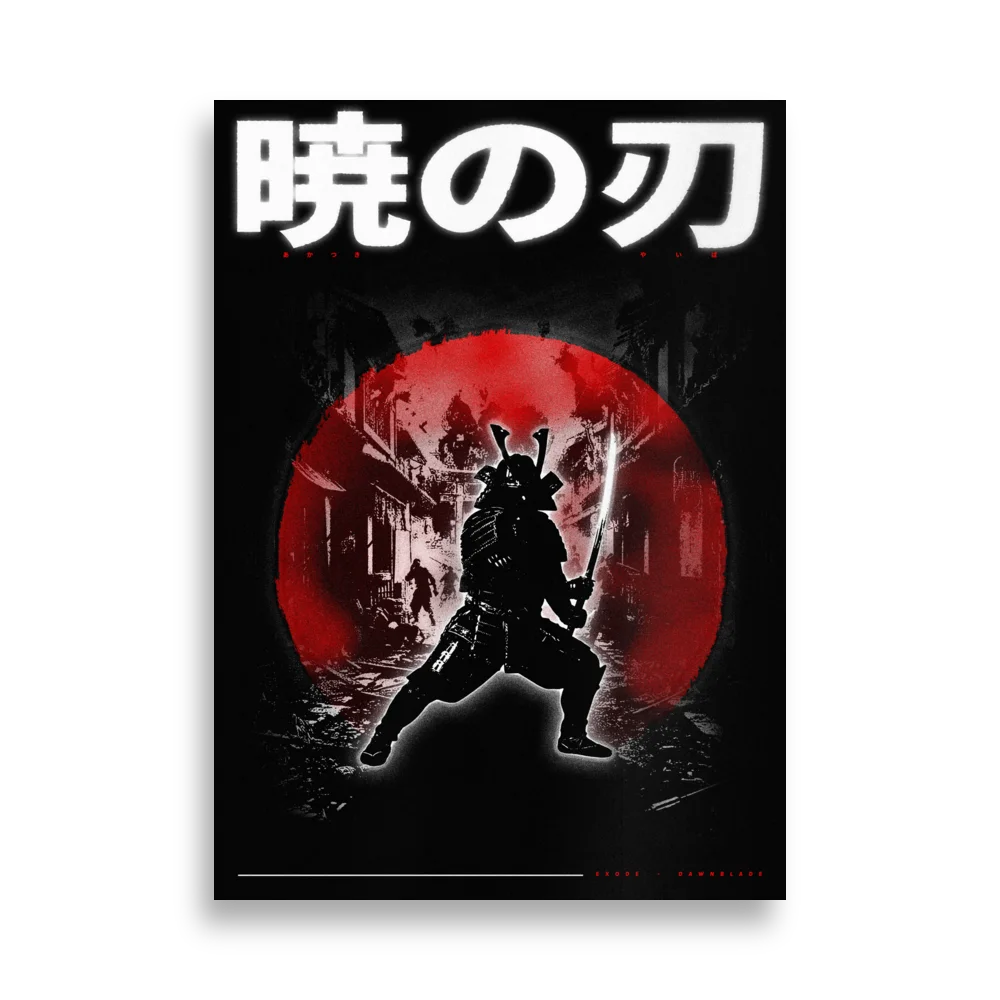 Poster EXODE DAWNBLADE : silhouette de samouraï devant un soleil rouge, titre 暁の刃