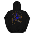 Hoodie EXODE EVERYWHERE noir, dos à plat : éclat d'étoile bleu, lignes orange et texte japonais 全部やりたい