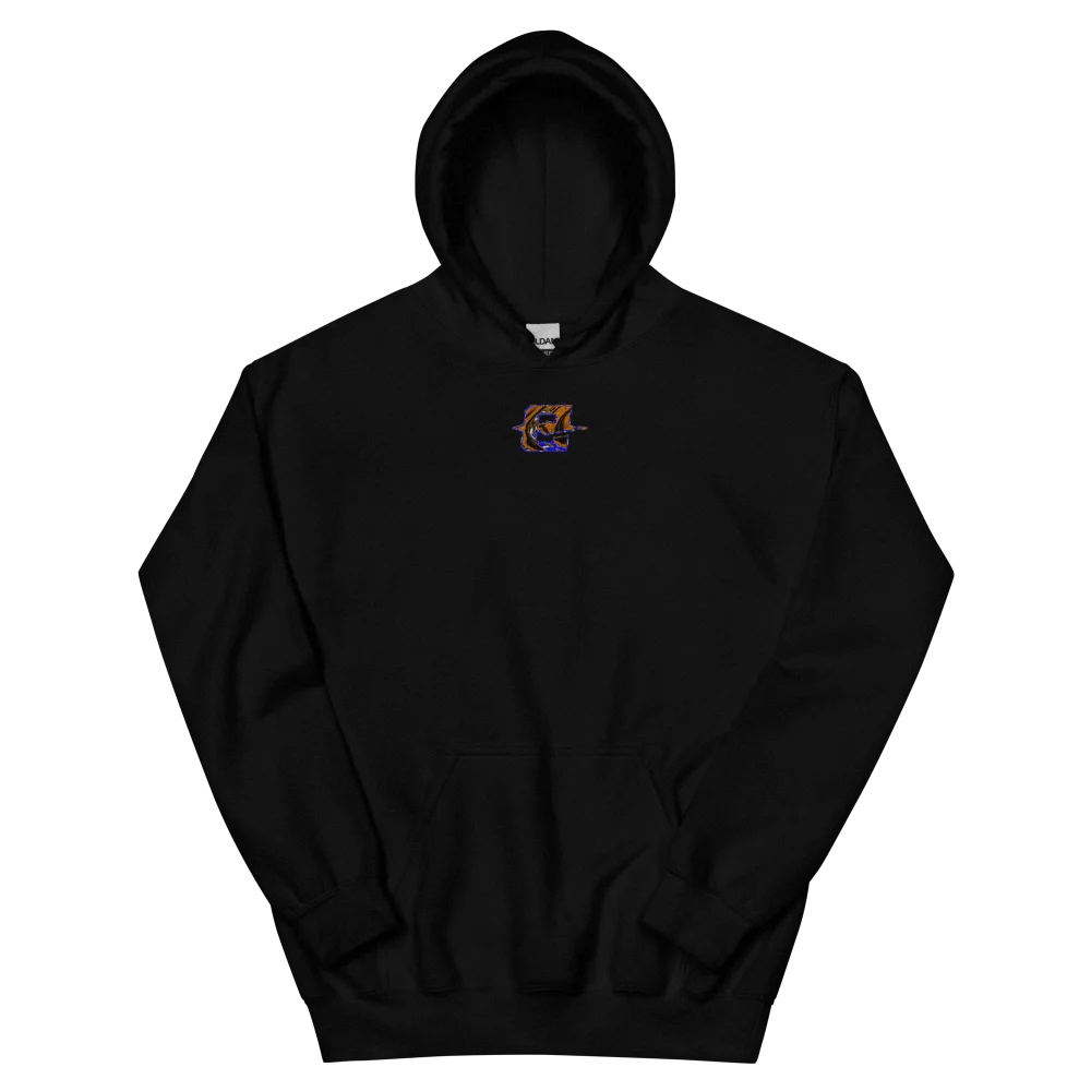 Hoodie EXODE EVERYWHERE noir, face à plat : petit logo EXODE orange et bleu