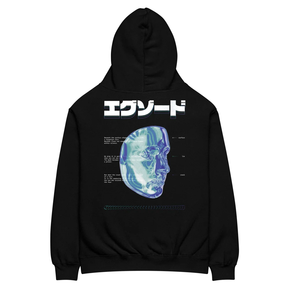 Hoodie oversize EXODE FACE noir, dos à plat : visage en volume bleuté, de profil