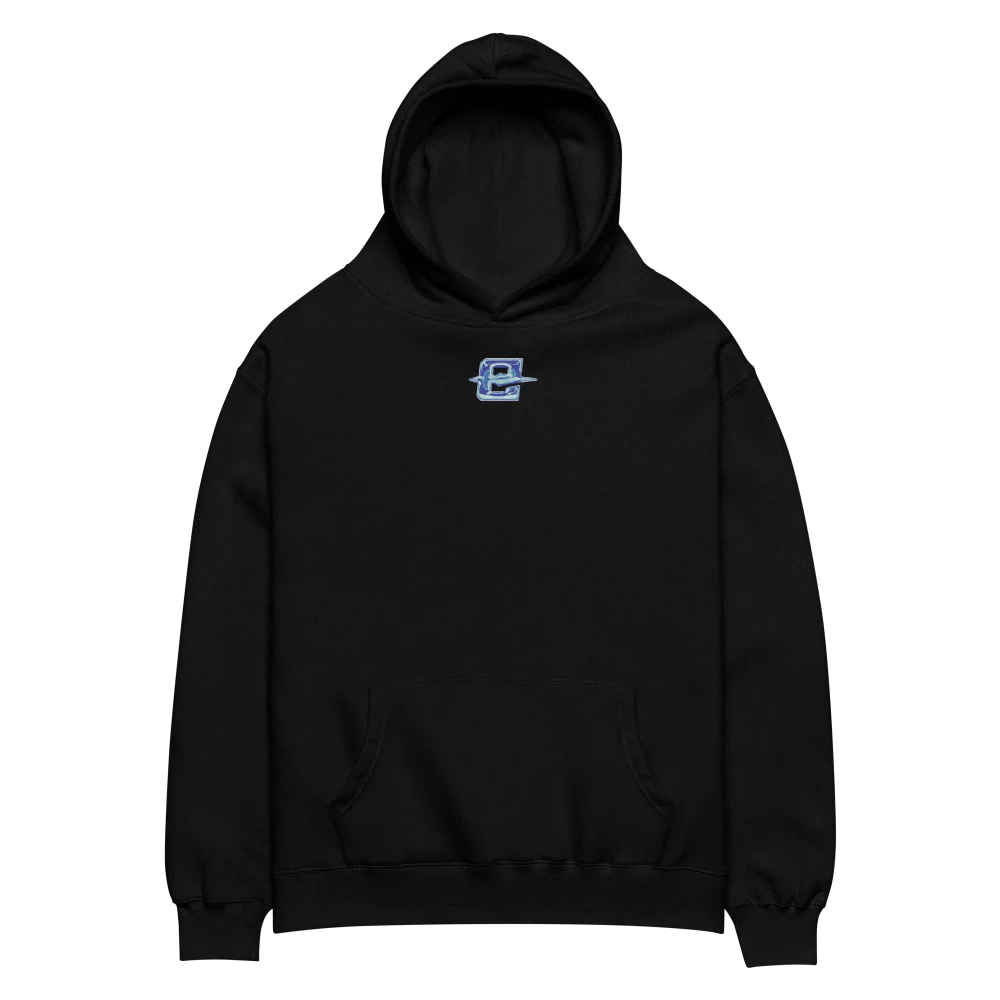 Hoodie oversize EXODE FACE noir, face à plat : petit logo EXODE bleu