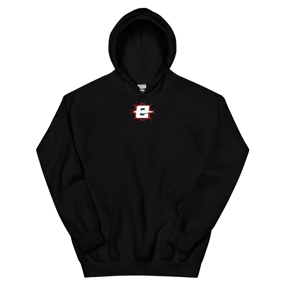 Hoodie EXODE REQUIEM noir, face à plat : petit logo EXODE rouge et blanc