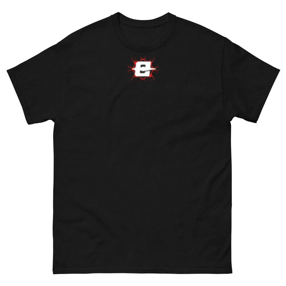 T-shirt EXODE REQUIEM noir, face à plat : petit logo EXODE rouge et blanc