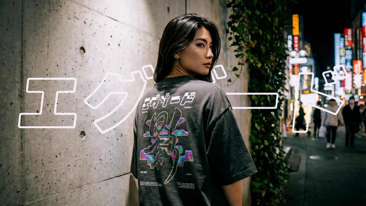 Femme vue de dos en t-shirt oversize EXODE SHADOW gris délavé, devant un mur en béton, rue aux néons de nuit