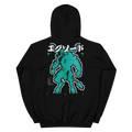Hoodie EXODE TAURUS noir, dos à plat : minotaure turquoise en pixel art, vu de dos