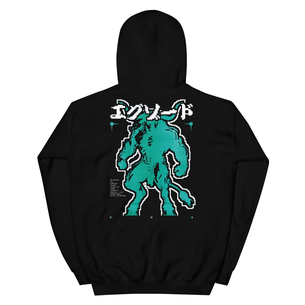 Hoodie EXODE TAURUS noir, dos à plat : minotaure turquoise en pixel art, vu de dos