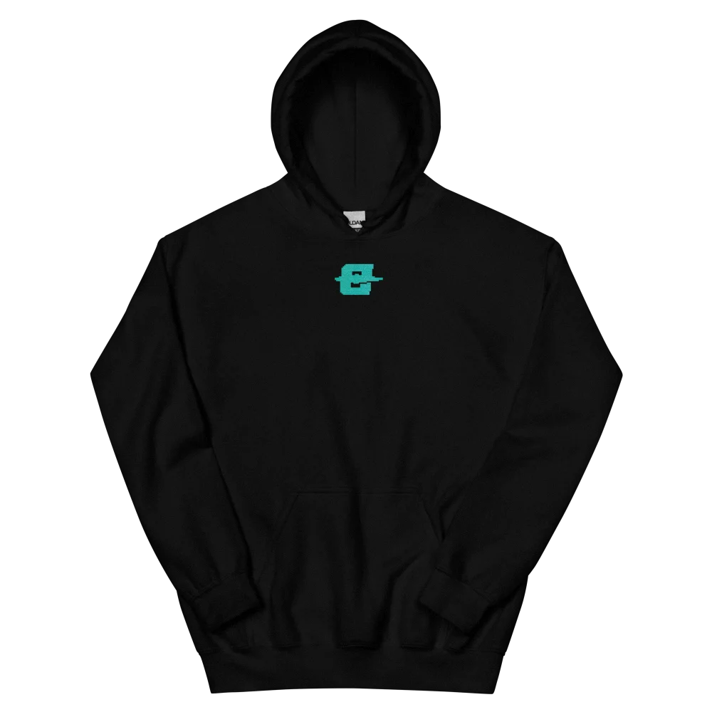 Hoodie EXODE TAURUS noir, face à plat : petit logo EXODE turquoise