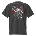 T-shirt oversize EXODE TENGU gris délavé, dos à plat : tengu ailé au trait blanc sur fond rouge
