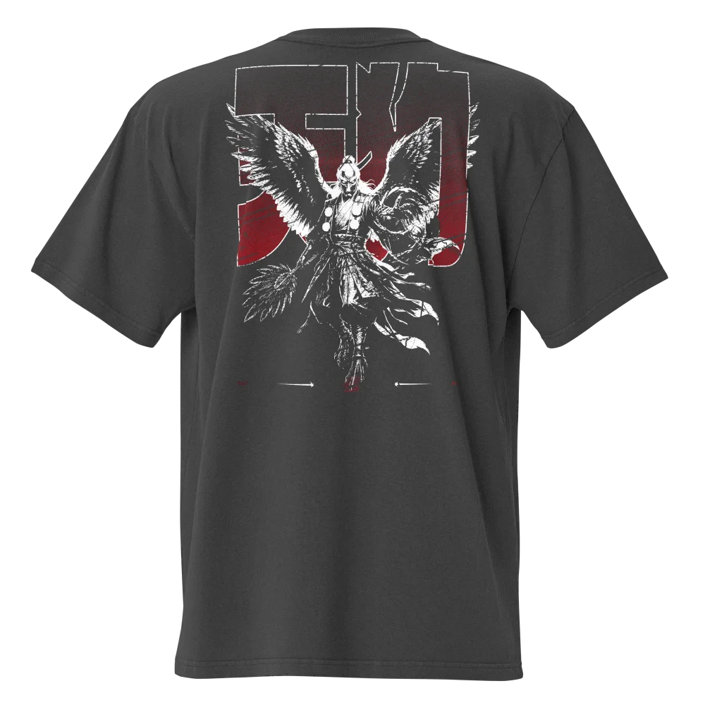 T-shirt oversize EXODE TENGU gris délavé, dos à plat : tengu ailé au trait blanc sur fond rouge