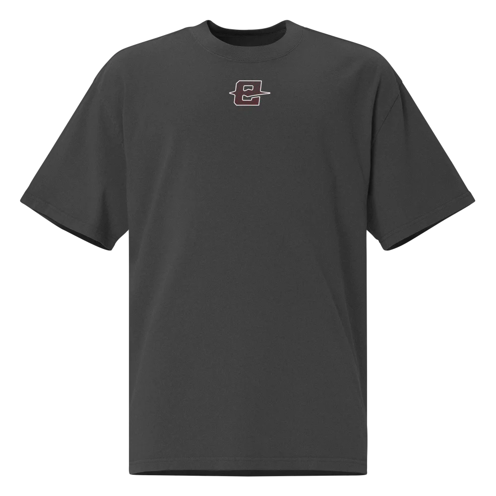 T-shirt oversize EXODE TENGU gris délavé, face à plat : petit logo EXODE rouge